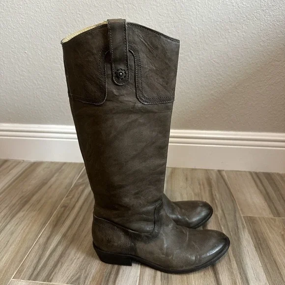 FRYE Carson Boots SZ 8.5 Tall Gray Leather Cowboy Western Riding Pull on Classic